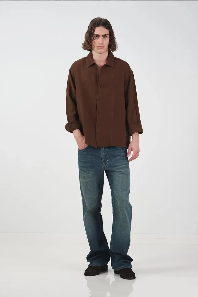 Giesto Coffee Brown GIESTO Textured Woven Long Sleeve Button-Down Shirt for Men | Best Price UAE
