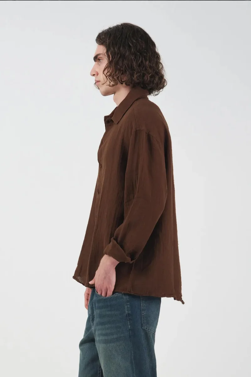 Giesto Coffee Brown GIESTO Textured Woven Long Sleeve Button-Down Shirt for Men | Best Price UAE