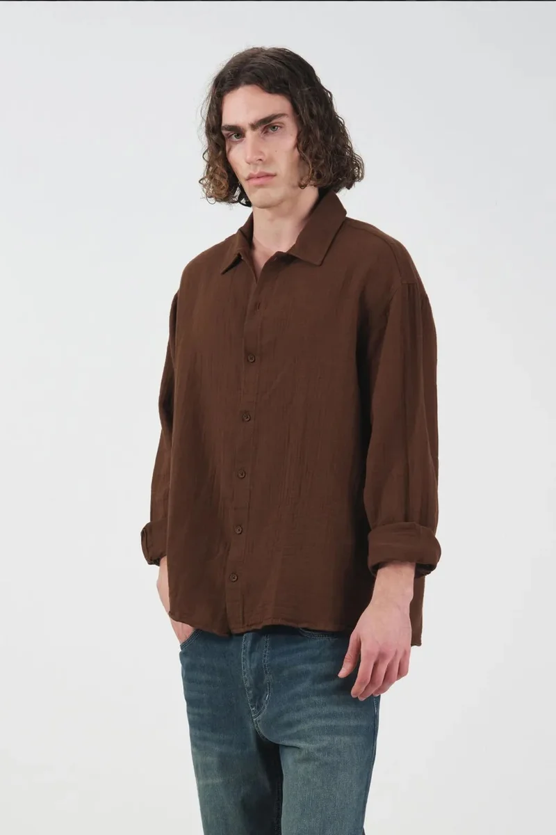 Giesto Coffee Brown GIESTO Textured Woven Long Sleeve Button-Down Shirt for Men | Best Price UAE