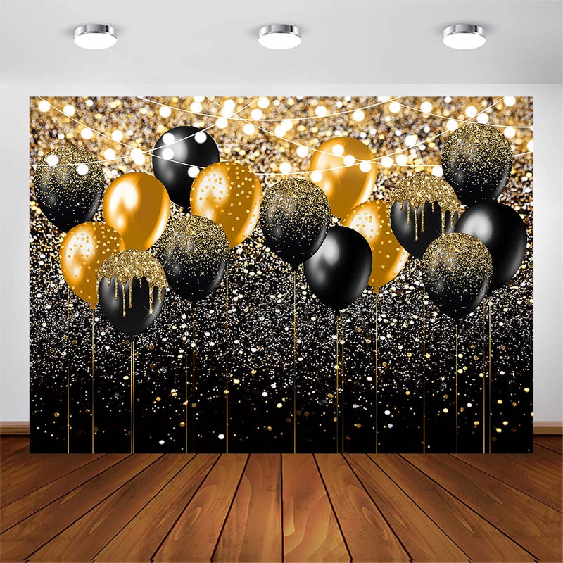 Avezano Black and Gold Glitter Backdrop for Birthday Wedding Prom Graduation Photography Background Party Glitter Gold Black Balloon Party Decorations Photoshoot Photobooth (7x5ft) - Image 1