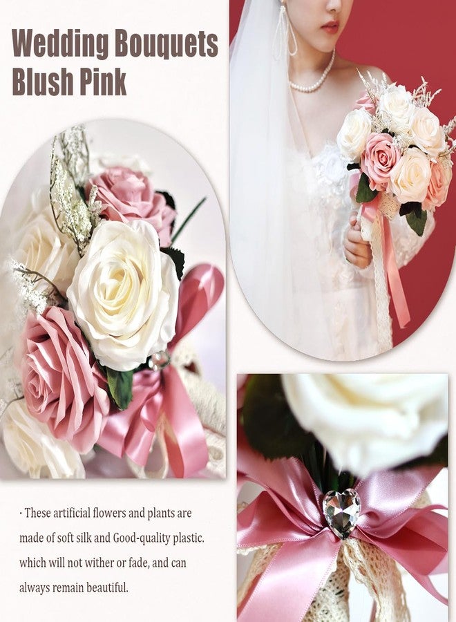 LCiclly Dusty Pink Wedding Bouquets for Bride Bridesmaid,White Blush Pink Artificial Fake Silk Roses Flowers Bridal Bouquet for Wedding French Vintage Boho Rustic Church Decoration Toss Bouquet (8.6in(M)) - Image 2