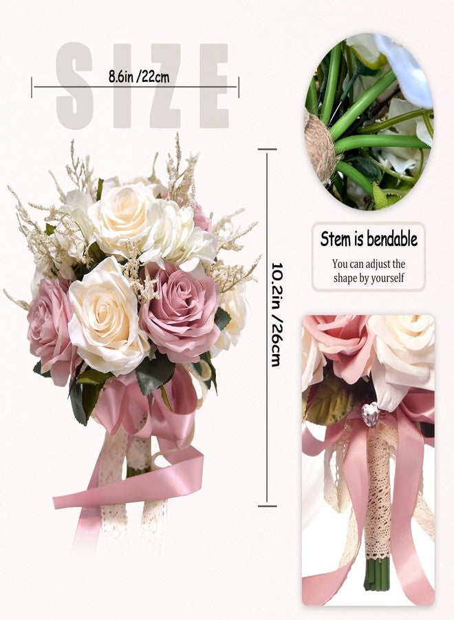 LCiclly Dusty Pink Wedding Bouquets for Bride Bridesmaid,White Blush Pink Artificial Fake Silk Roses Flowers Bridal Bouquet for Wedding French Vintage Boho Rustic Church Decoration Toss Bouquet (8.6in(M)) - Image 3