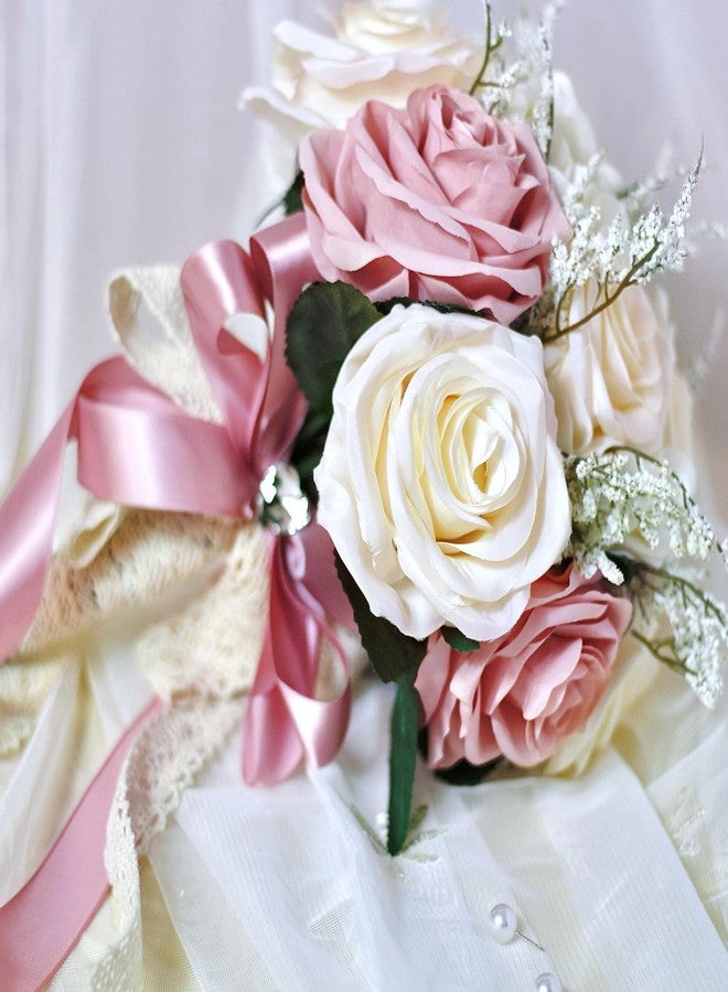 LCiclly Dusty Pink Wedding Bouquets for Bride Bridesmaid,White Blush Pink Artificial Fake Silk Roses Flowers Bridal Bouquet for Wedding French Vintage Boho Rustic Church Decoration Toss Bouquet (8.6in(M)) - Image 5