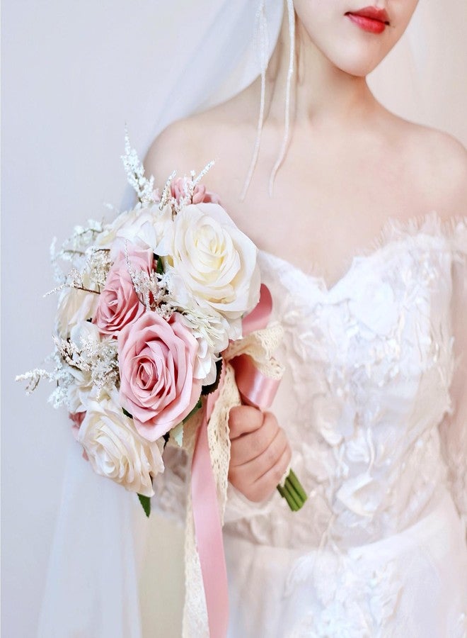 LCiclly Dusty Pink Wedding Bouquets for Bride Bridesmaid,White Blush Pink Artificial Fake Silk Roses Flowers Bridal Bouquet for Wedding French Vintage Boho Rustic Church Decoration Toss Bouquet (8.6in(M)) - Image 4