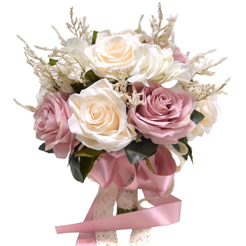 LCiclly Dusty Pink Wedding Bouquets for Bride Bridesmaid,White Blush Pink Artificial Fake Silk Roses Flowers Bridal Bouquet for Wedding French Vintage Boho Rustic Church Decoration Toss Bouquet (8.6in(M)) - Image 1