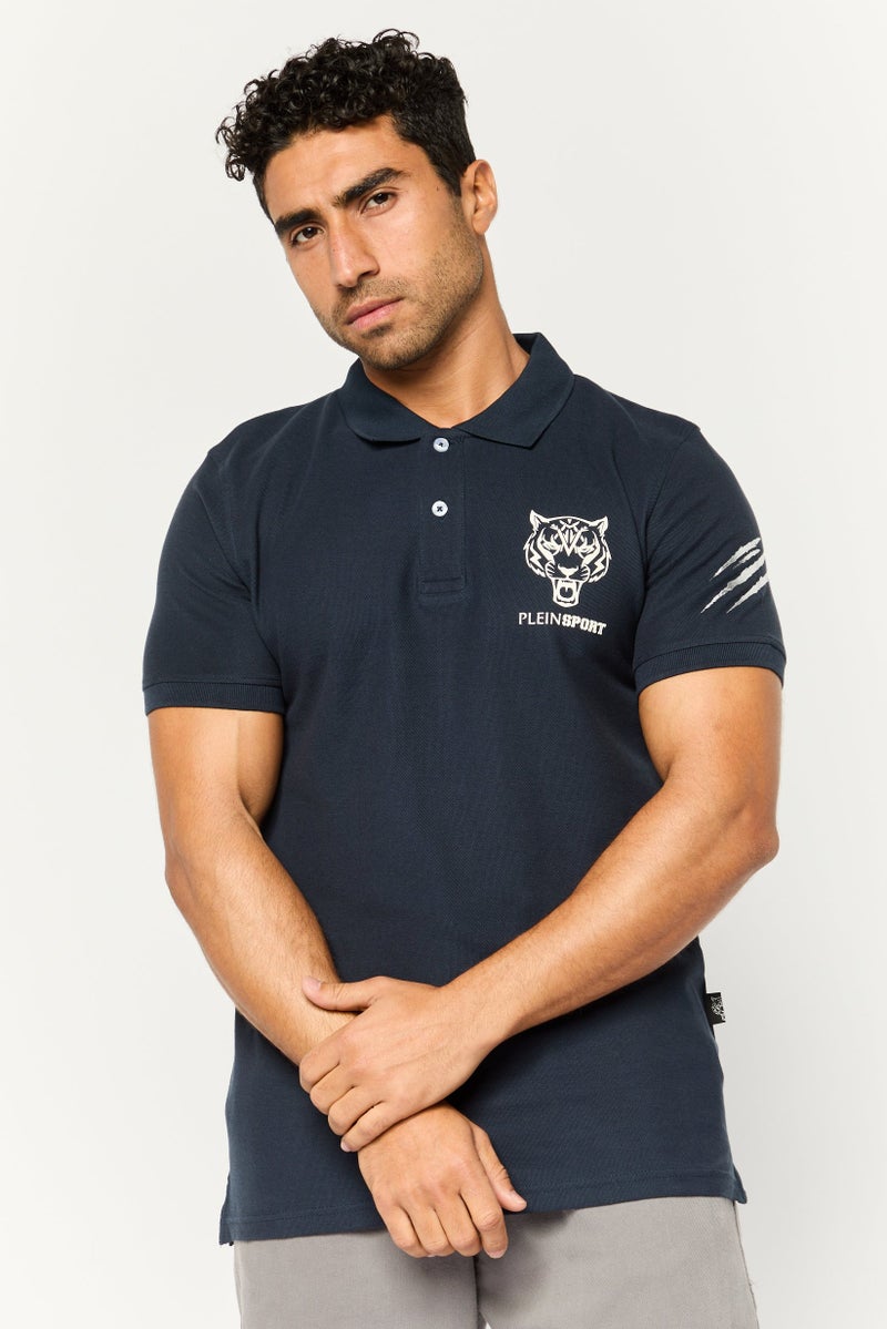 PHILIPP PLEIN Plein Sport Men Sportswear Fit Short Sleeve Outdoor Polo Shirt, Navy - Image 1
