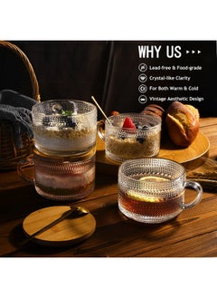 HAPTIME 4 Pcs Vintage Coffee Mugs - 14Oz Clear Glass Tea Cups With Lids And Spoons - Ideal Iced Coffee Cups For Housewarming Gifts & Coffee Bar Accessories  - Image 3
