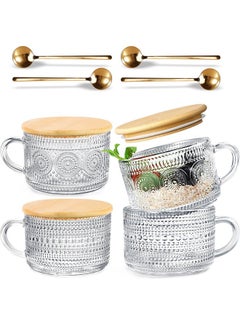 HAPTIME 4 Pcs Vintage Coffee Mugs - 14Oz Clear Glass Tea Cups With Lids And Spoons - Ideal Iced Coffee Cups For Housewarming Gifts & Coffee Bar Accessories  - Image 1