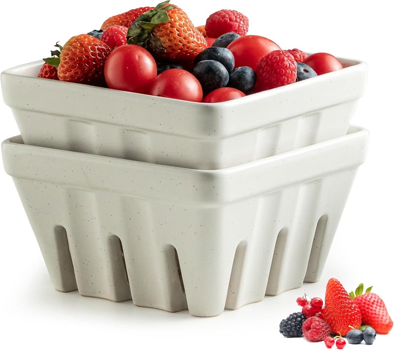 Gomakren Fruit Bowl with Holes Ceramic Berry Basket Set of 2 57 Inch Square Fruit Basket for Kitchen Counter Rustic Berry Containers Farmhouse Kitchen Decor  Cream White - Image 1