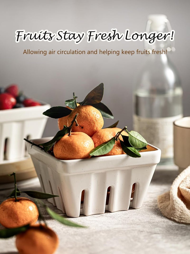 Gomakren Fruit Bowl with Holes Ceramic Berry Basket Set of 2 57 Inch Square Fruit Basket for Kitchen Counter Rustic Berry Containers Farmhouse Kitchen Decor  Cream White - Image 4