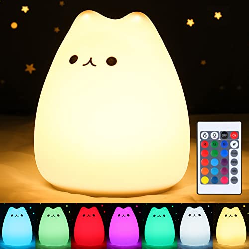 ZKLiLi Remote Cat Night Light, Cute Nursery Lights USB Rechargeable Cat Lamp Nightlight Birthday Christmas Gift with Warm White and 7-Color Breathing Modes for Kids Baby Children (Remote Control) - Image 1