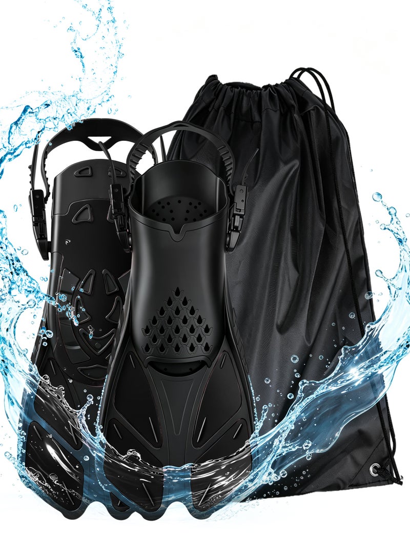 Necomi Snorkelling Fins, Compact, Travel-Friendly Short Fins, Come With a Storage Strap, Adjustable Swimming Fins, Flexible Open-Toe Design, Lightweight Diving Fins, Suitable For Snorkelling And Swimming, Suitable For Adults, Unisex(Black) - Image 1