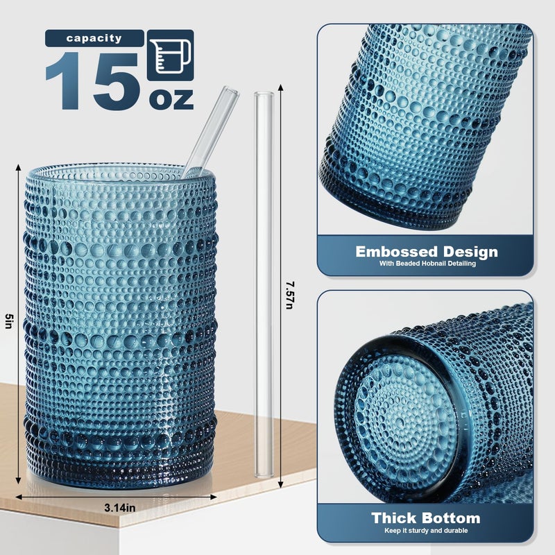 FULGNU 15oz Colored Hobnail Drinking Glasses, Vintage Glasses Drinking Set of 6, Embossed Beaded Glass Cups for Kitchen, Beer, Juice, Cocktail, Whiskey, Milk - Image 4