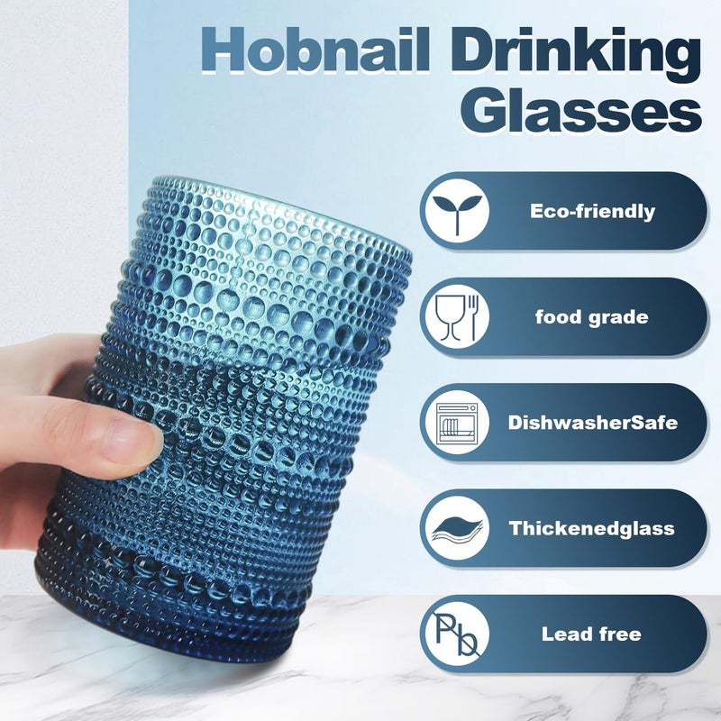 FULGNU 15oz Colored Hobnail Drinking Glasses, Vintage Glasses Drinking Set of 6, Embossed Beaded Glass Cups for Kitchen, Beer, Juice, Cocktail, Whiskey, Milk - Image 5