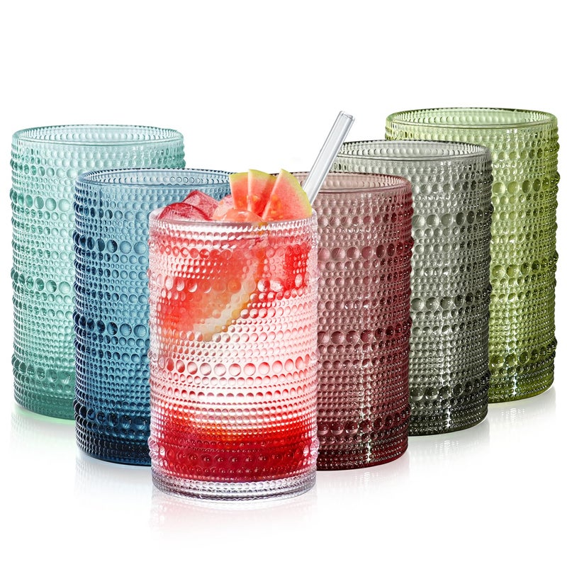 FULGNU 15oz Colored Hobnail Drinking Glasses, Vintage Glasses Drinking Set of 6, Embossed Beaded Glass Cups for Kitchen, Beer, Juice, Cocktail, Whiskey, Milk - Image 1