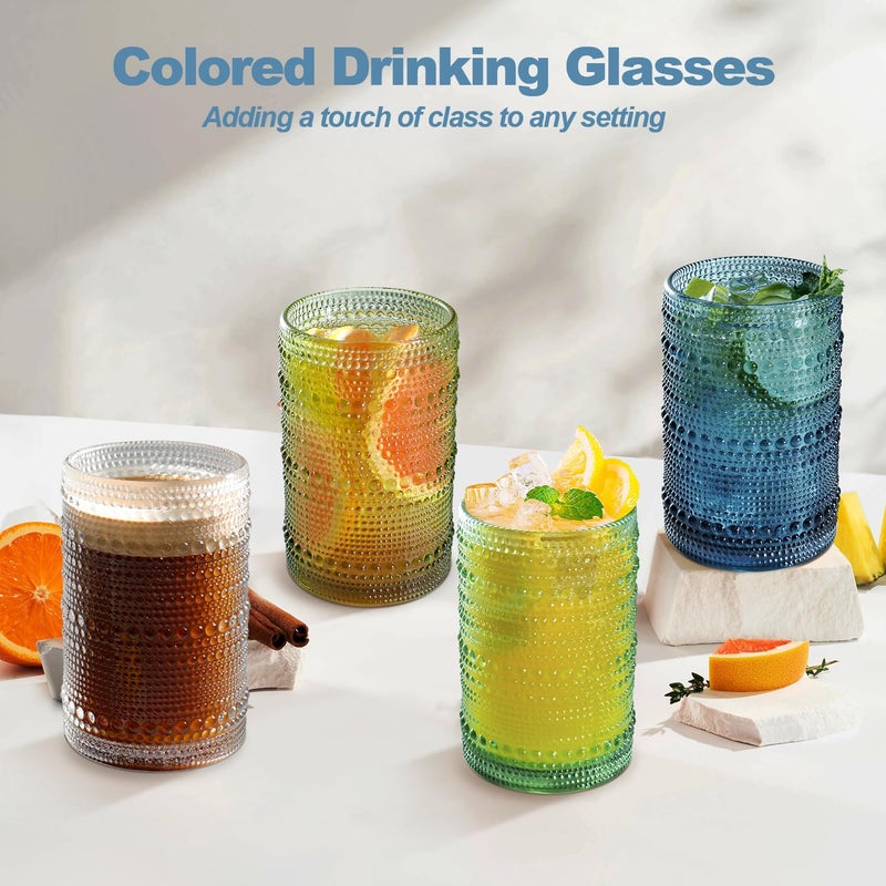 FULGNU 15oz Colored Hobnail Drinking Glasses, Vintage Glasses Drinking Set of 6, Embossed Beaded Glass Cups for Kitchen, Beer, Juice, Cocktail, Whiskey, Milk - Image 3
