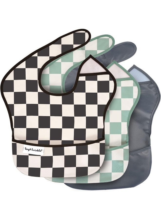 Tiny Twinkle Tiny Twinkle Mess-Proof Baby Bib - Waterproof Bib for Baby Boy or Girl - Machine Washable - Adjustable Closure - PVC, BPA, & Phthalate Free - Great for Travel - Baby Food Bibs (3 Pack, Checkers Boy)  - Image 1