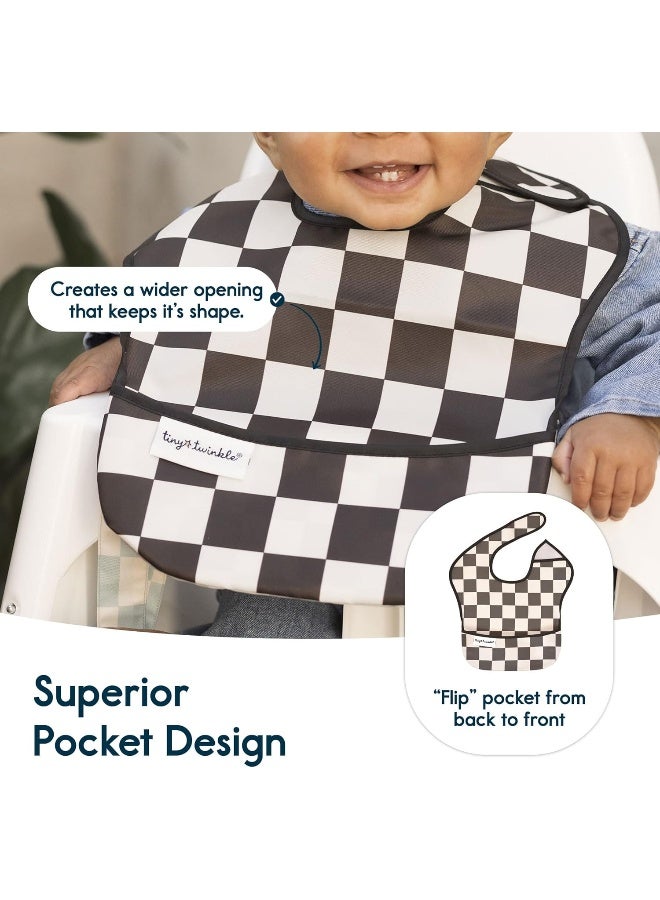 Tiny Twinkle Tiny Twinkle Mess-Proof Baby Bib - Waterproof Bib for Baby Boy or Girl - Machine Washable - Adjustable Closure - PVC, BPA, & Phthalate Free - Great for Travel - Baby Food Bibs (3 Pack, Checkers Boy)  - Image 4