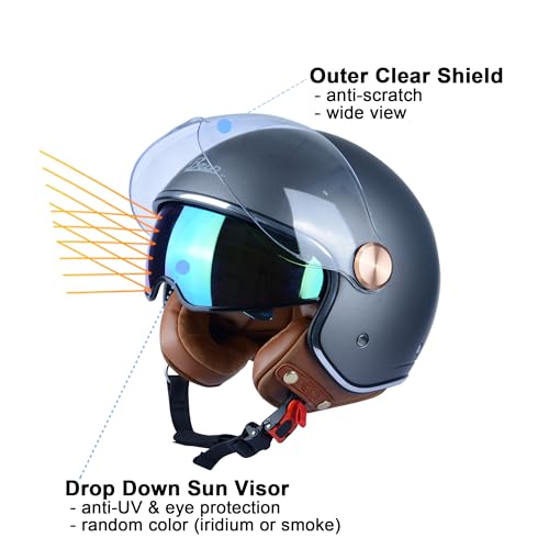 BEON Half 3/4 Face Motorcycle Helmet, DOT Approved, Retro Vintage Style, Dual Visors Men’s and Women’s Motorbike Casco for Moped Cruiser Bobber and Chopper (XL, Matte Matallic Grey) - Image 3