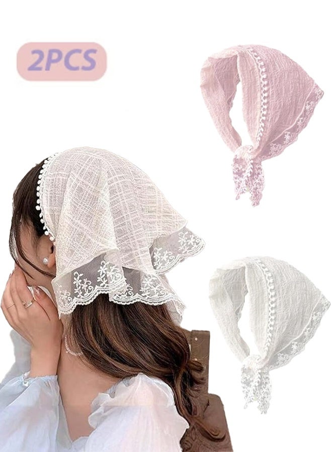 2-Piece Hair Scarf Bandana Handband for Women - Chiffon Head Scarf for Women's Hair, Non Slip Lace Triangle Kerchief Women’s Hair Bands (Pink+Off white) - Image 1