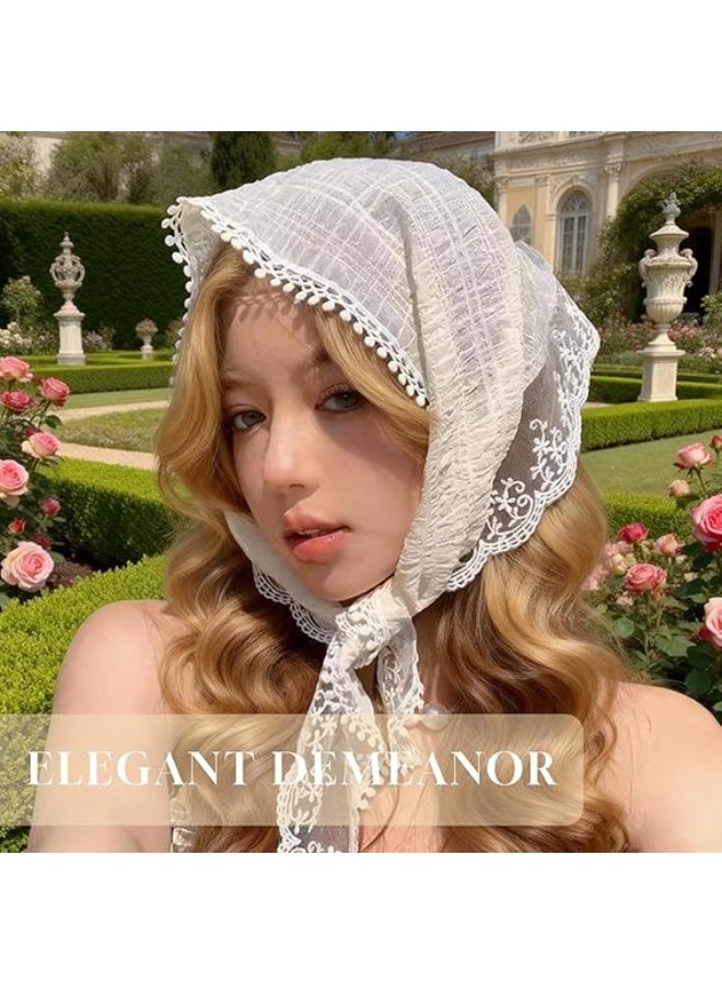 2-Piece Hair Scarf Bandana Handband for Women - Chiffon Head Scarf for Women's Hair, Non Slip Lace Triangle Kerchief Women’s Hair Bands (Pink+Off white) - Image 5