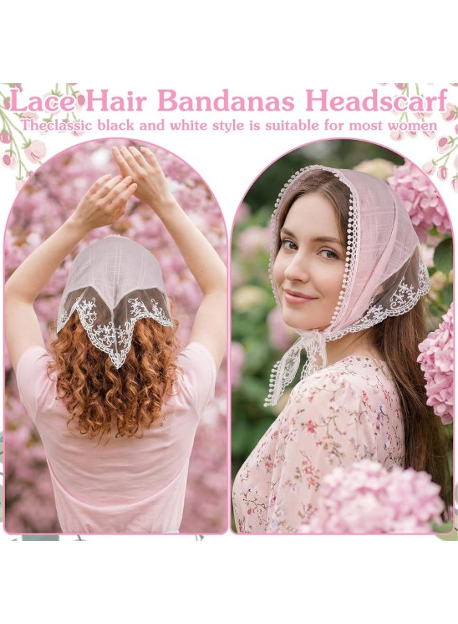 2-Piece Hair Scarf Bandana Handband for Women - Chiffon Head Scarf for Women's Hair, Non Slip Lace Triangle Kerchief Women’s Hair Bands (Pink+Off white) - Image 3