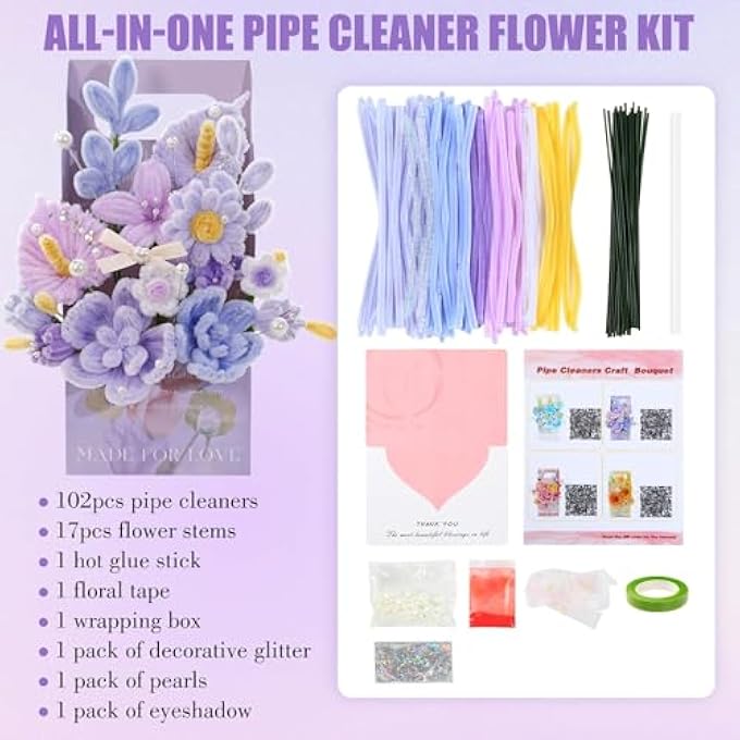 PIPE CLEANERS CRAFT KIT – DIY FLOWER BOUQUET MAKING KIT, CHENILLE STEMS CRAFT SUPPLIES FOR ART PROJECTS, PIPE CLEANER CRAFT KIT FOR CREATIVE ACTIVITIES, BEGINNER-FRIENDLY CRAFT KIT FOR FLOWER MAKING - Image 3
