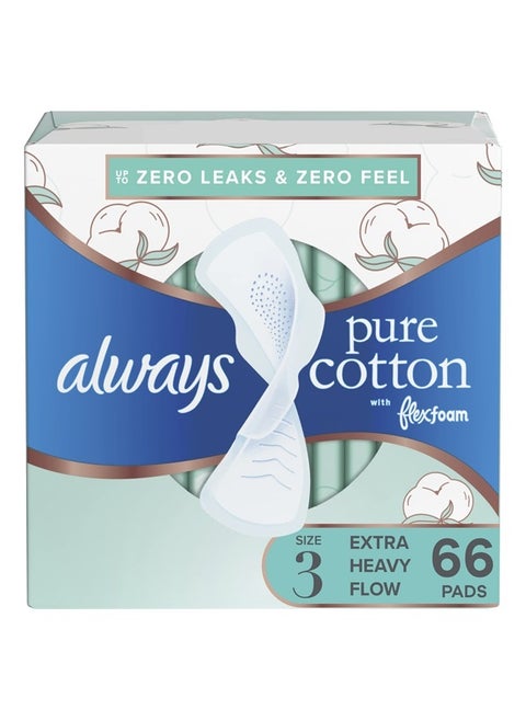 Pure Cotton Feminine Pads for Women, Size 3, Extra Heavy Flow, with wings, Unscented, Free of Dyes, Fragrances, and Chlorine Bleaching, 22 Count x 3 Packs (66 Count total)
