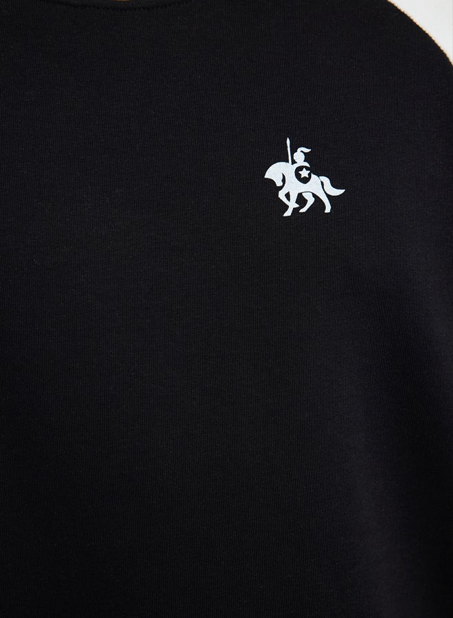 trendyol Black Oversize/Wide Cut Raglan Sleeve Printed Detail Color Block Non-raised Sweatshirt - Image 4