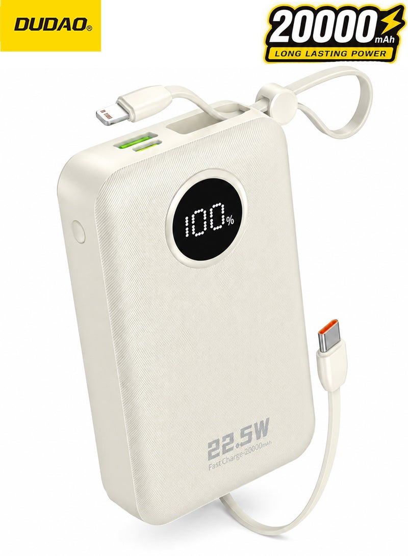 DUDAO 20000mAh Fast Charging Power Bank with Built-in Cables, 22.5W PD/QC Portable Charger, Dual Cable Strap Design, LED Display, Compact Travel Power Bank for iPhone & Android (Beige) - Image 1