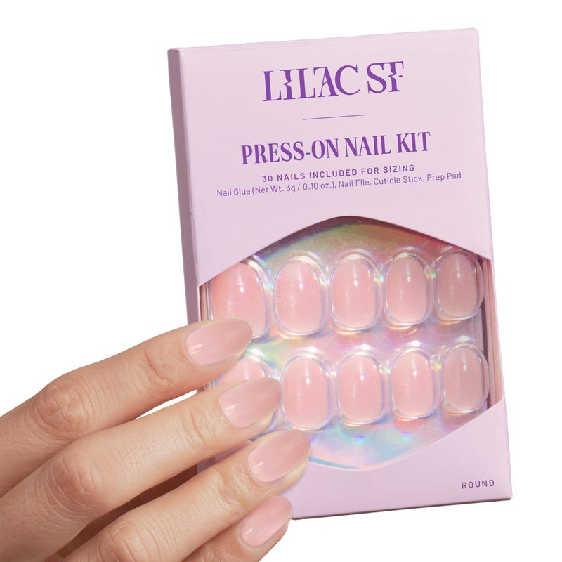 Lilac St. Lilac St - Press on Nails, Sheer Chemise (30 Nails, 15 Sizes) - Short, Round, Glossy, Opaque - Brush-On Nail Glue, Nail File, Cuticle Stick, Prep Pad - Reusable - Cruelty Free, Vegan, Women Founded - Image 1
