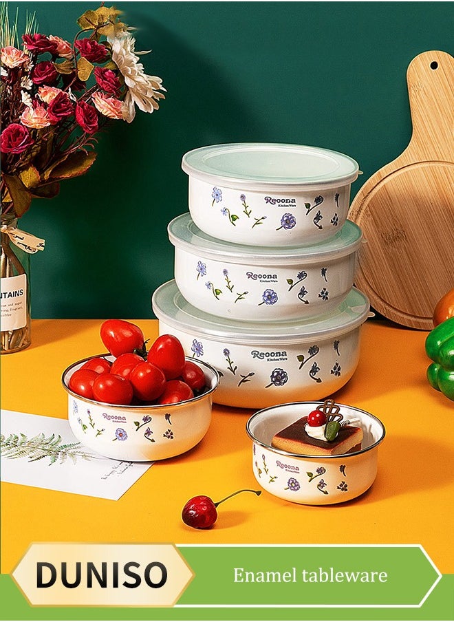 DUNISO 5 Pieces of Enamel bowls set, thickened enamel preservation bowls, salad mixing bowls,with floral patterns, covered, heat resistant and drop resistant, used for storing tea, dried fruits, fruit,seasonings  - Image 1