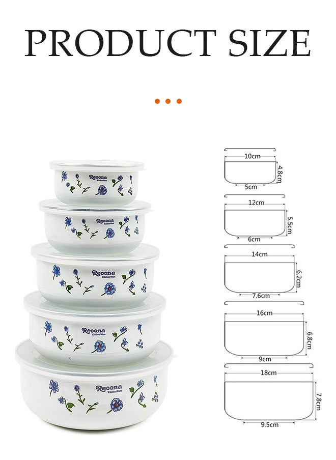 DUNISO 5 Pieces of Enamel bowls set, thickened enamel preservation bowls, salad mixing bowls,with floral patterns, covered, heat resistant and drop resistant, used for storing tea, dried fruits, fruit,seasonings  - Image 2