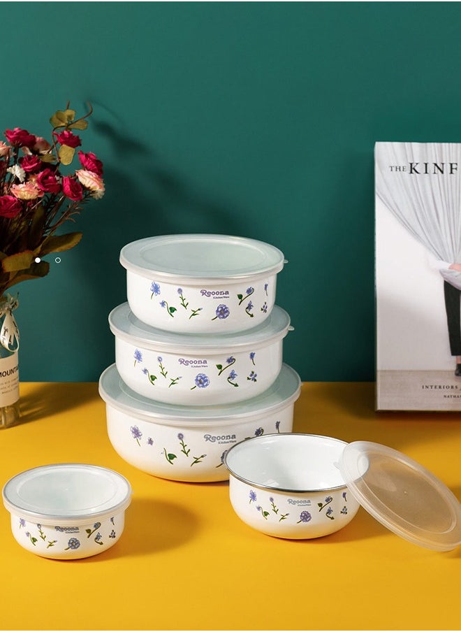DUNISO - 5 Pieces of Enamel bowls set, thickened enamel preservation bowls, salad mixing bowls,with floral patterns, covered, heat resistant and drop resistant, used for storing tea, dried fruits, fruit,seasonings - Image 1