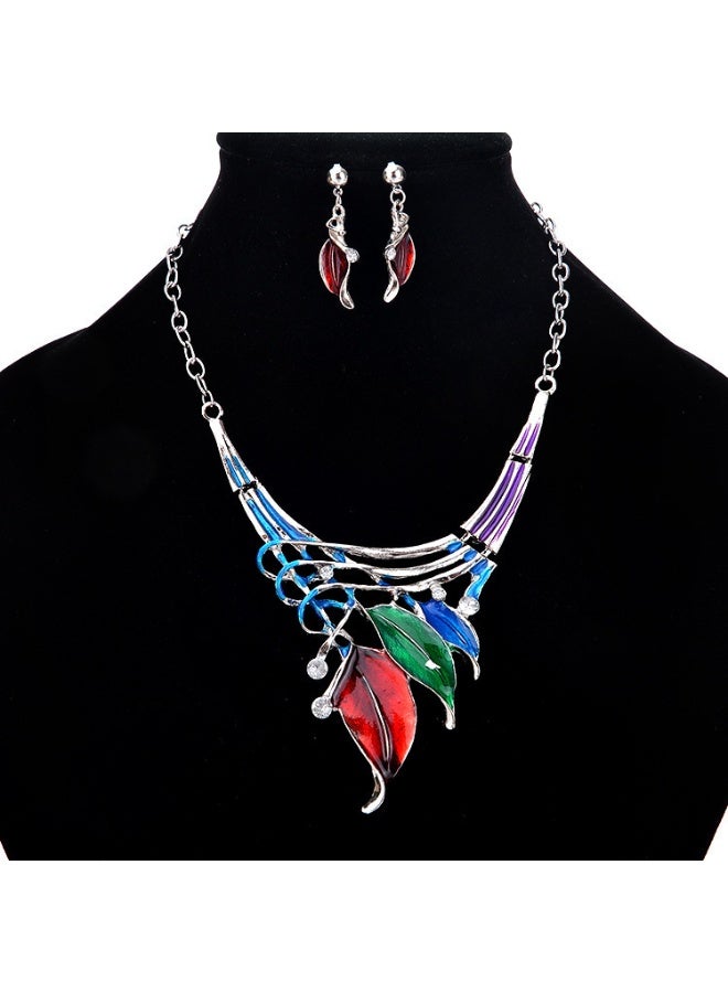 NIBEMINENT European and American Fashion Classic Leaf-Shaped Colorful Drip Oil Diamond-Studded Necklace and Earring Set