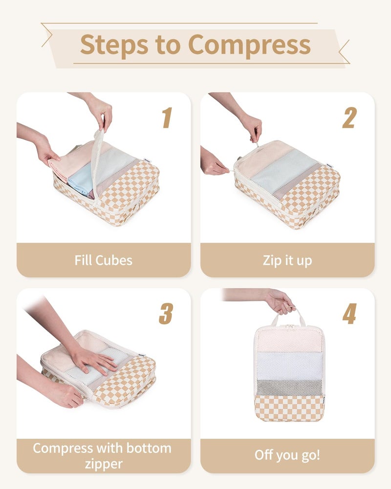 Narwey 6 Set Checkered Compression Packing Cubes for Travel Women Kids Carry on, Cute Packing Organizers Bag for Luggage Suitcase Backpack Duffle Bags (Light Checkerboard) - Image 5