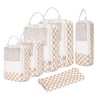 Narwey 6 Set Checkered Compression Packing Cubes for Travel Women Kids Carry on, Cute Packing Organizers Bag for Luggage Suitcase Backpack Duffle Bags (Light Checkerboard)