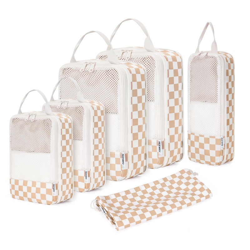 Narwey 6 Set Checkered Compression Packing Cubes for Travel Women Kids Carry on, Cute Packing Organizers Bag for Luggage Suitcase Backpack Duffle Bags (Light Checkerboard) - Image 1