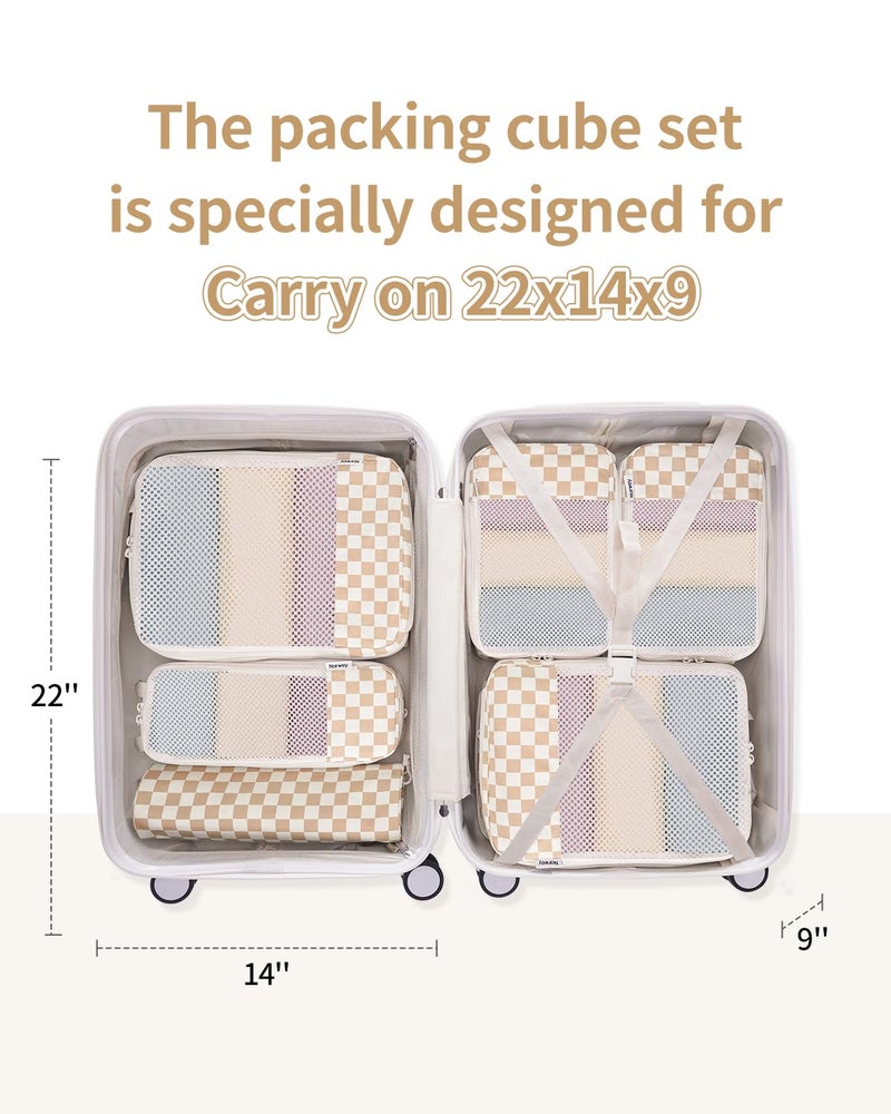 Narwey 6 Set Checkered Compression Packing Cubes for Travel Women Kids Carry on, Cute Packing Organizers Bag for Luggage Suitcase Backpack Duffle Bags (Light Checkerboard) - Image 2