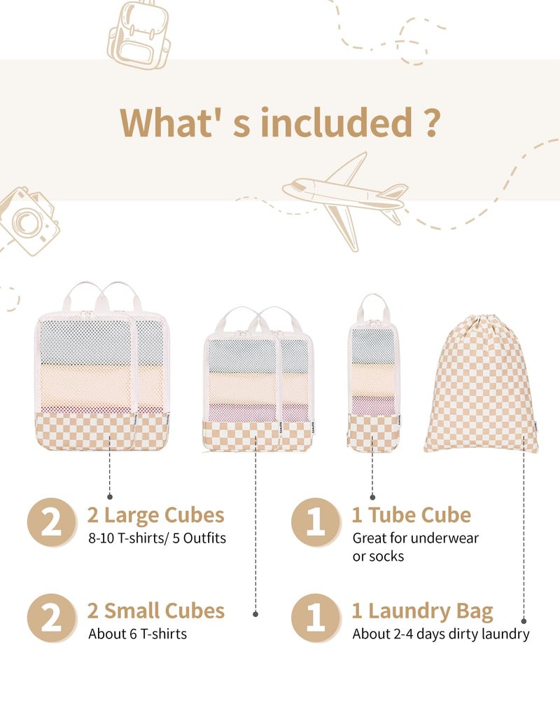 Narwey 6 Set Checkered Compression Packing Cubes for Travel Women Kids Carry on, Cute Packing Organizers Bag for Luggage Suitcase Backpack Duffle Bags (Light Checkerboard) - Image 3