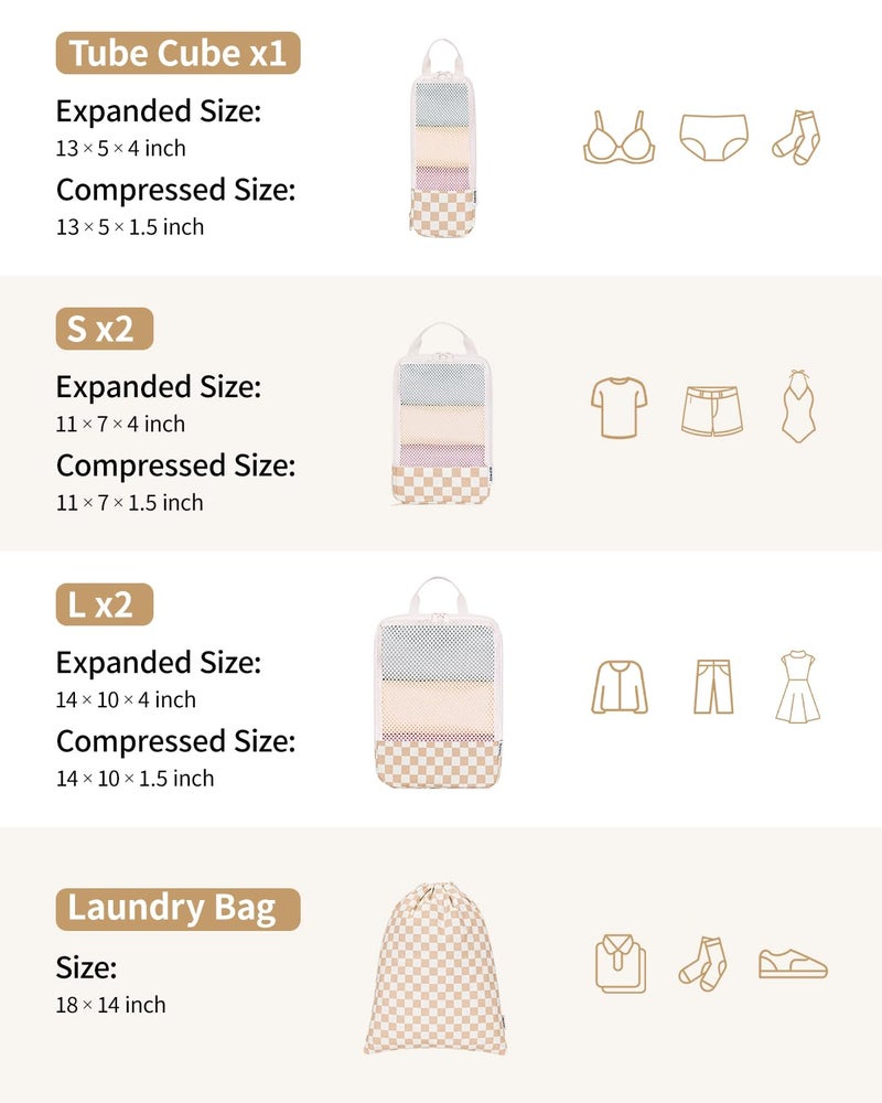 Narwey 6 Set Checkered Compression Packing Cubes for Travel Women Kids Carry on, Cute Packing Organizers Bag for Luggage Suitcase Backpack Duffle Bags (Light Checkerboard) - Image 4
