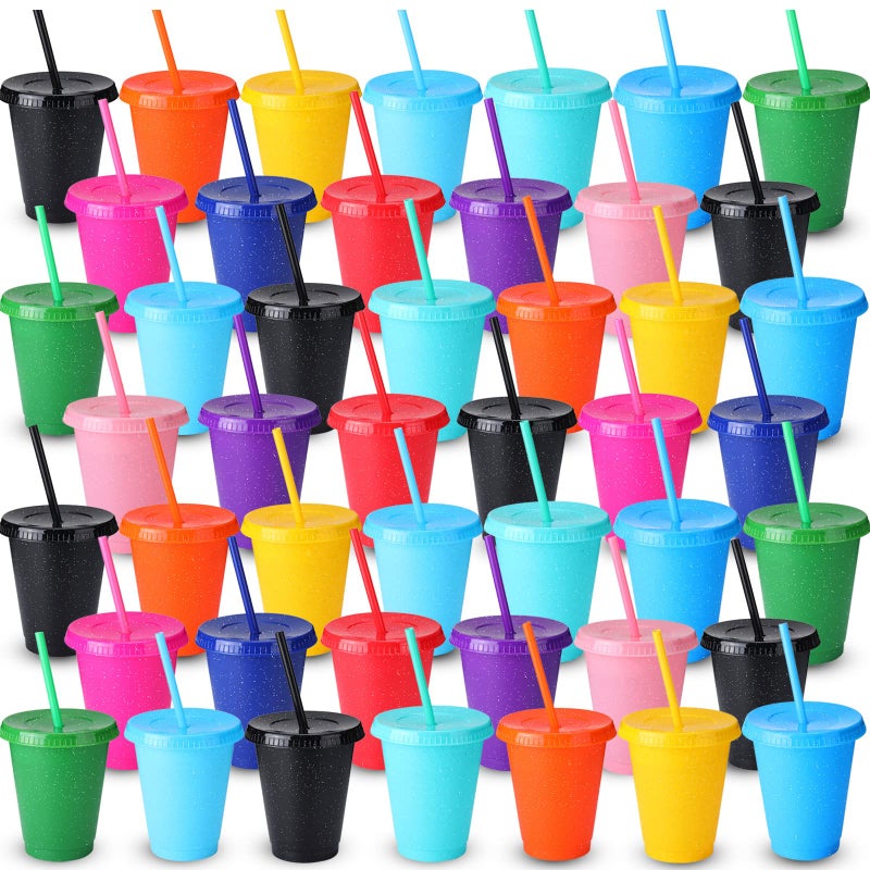Potchen 72 Pcs Glitter Reusable Tumbler with Straws and Lids Plastic Cup with Lids and Straws Bulk Water Bottle Iced Coffee Cold Drink Travel Mug Colorful Cups for Party Birthdays