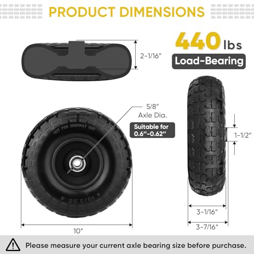 TICONN 10" Solid Tires, 2 Pack Flat Free 4.10/3.50-4'' Wheels with 5/8” Axle Bore Hole and Double Sealed Bearings (Black, 2PK) - Image 4