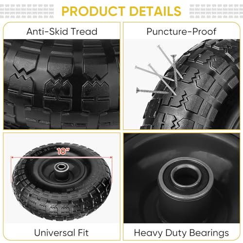 TICONN 10" Solid Tires, 2 Pack Flat Free 4.10/3.50-4'' Wheels with 5/8” Axle Bore Hole and Double Sealed Bearings (Black, 2PK) - Image 2
