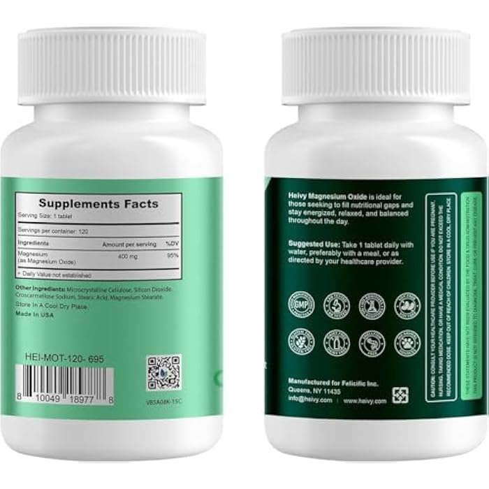 Heivy Magnesium Oxide 400mg, Magnesium Supplement for Muscle Recovery & Relaxation, Vegan, Made in USA, 240 Tablets - Image 2