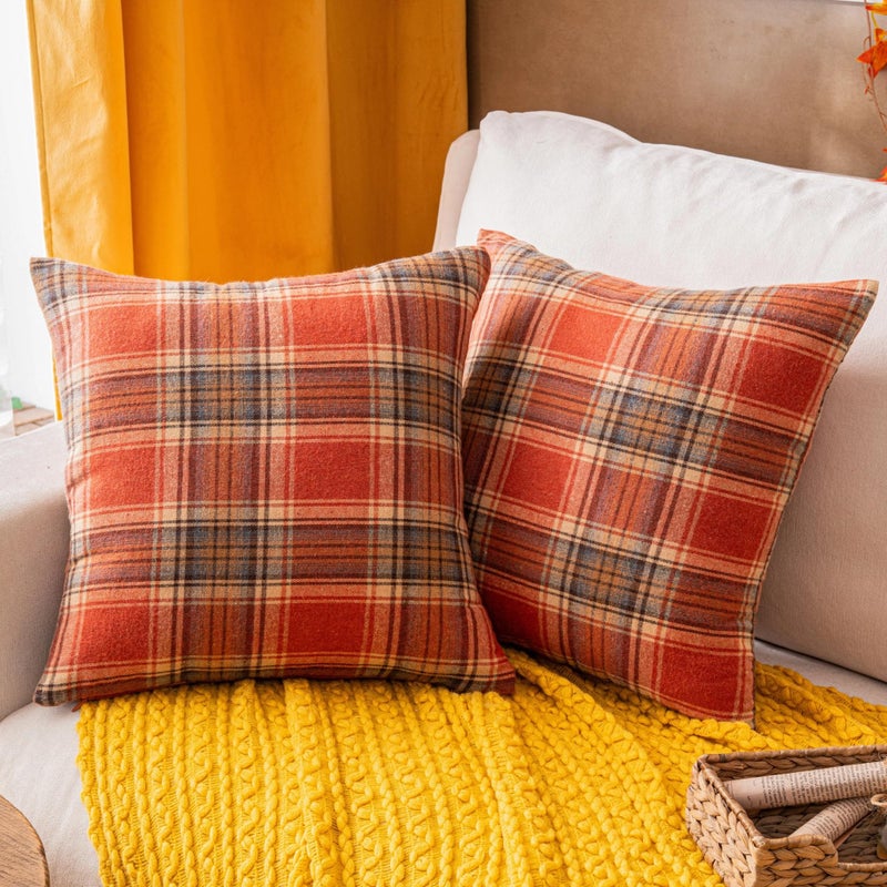 AQOTHES Fall Plaid Orange White Throw Pillow Covers 18x18 Inch, Set of 2 Autumn Decorative Throw Pillows for Couch Sofa Bed Living Room Home Decor, Accent Pillow Cases for Farmhouse Couch Cushion Covers - Image 1