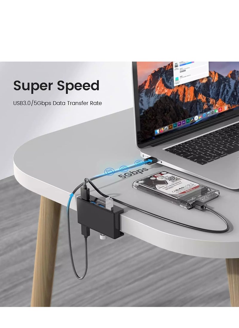 أوريكو - محور USB 3.0، محور USB 3.0 من الألومنيوم بأربعة منافذ مع منفذ إمداد طاقة إضافي وكابل بيانات USB بطول 1.5 متر، محور USB يعمل بسطح المكتب لأجهزة imac/الكمبيوتر المحمول/الكمبيوتر الشخصي (أسود) - Image 1