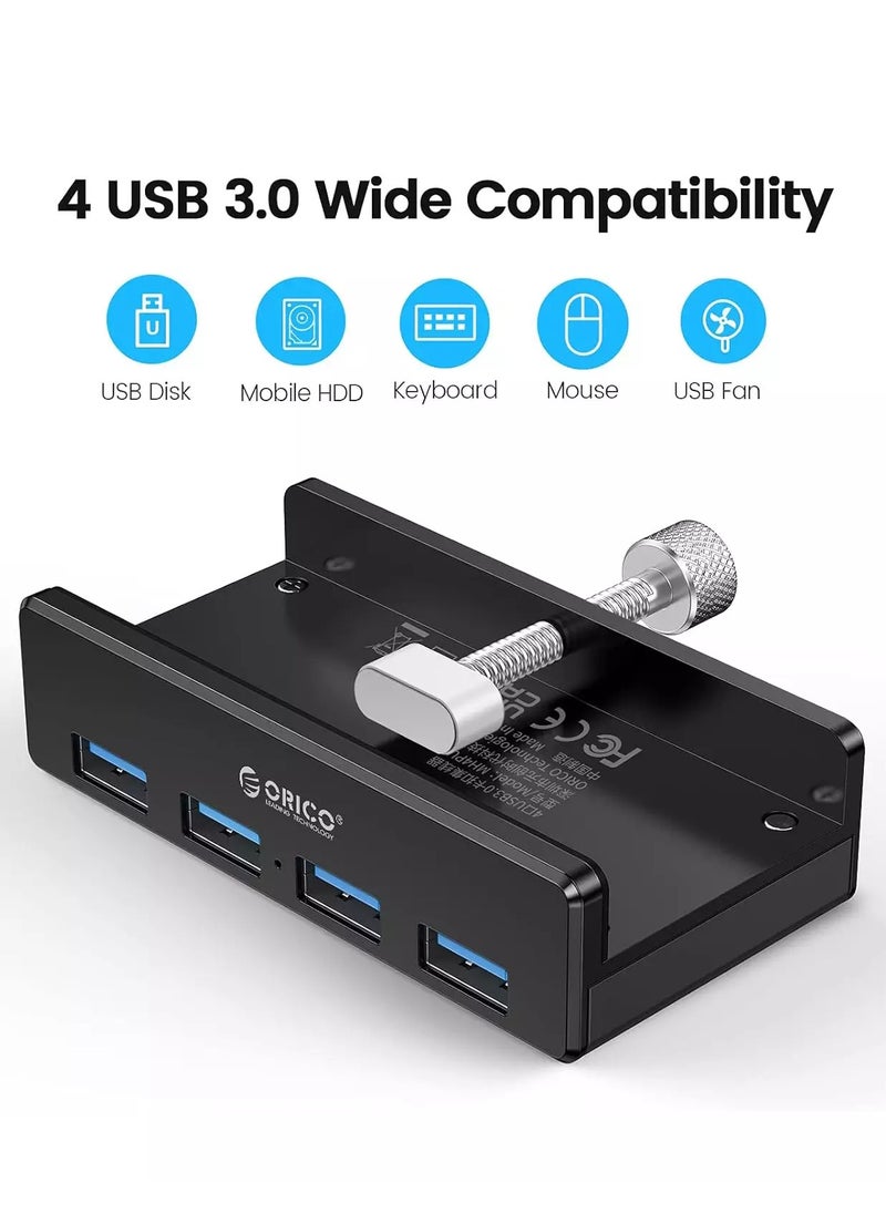 أوريكو - محور USB 3.0، محور USB 3.0 من الألومنيوم بأربعة منافذ مع منفذ إمداد طاقة إضافي وكابل بيانات USB بطول 1.5 متر، محور USB يعمل بسطح المكتب لأجهزة imac/الكمبيوتر المحمول/الكمبيوتر الشخصي (أسود) - Image 1