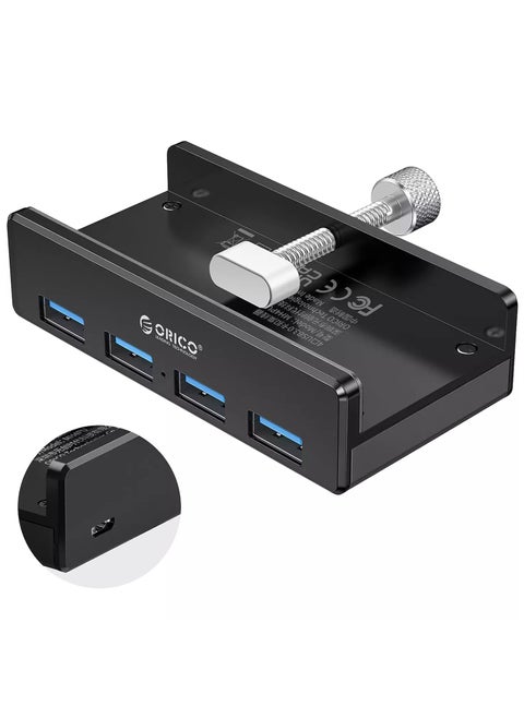 محور USB 3.0، محور USB 3.0 من الألومنيوم بأربعة منافذ مع منفذ إمداد طاقة إضافي وكابل بيانات USB بطول 1.5 متر، محور USB يعمل بسطح المكتب لأجهزة imac/الكمبيوتر المحمول/الكمبيوتر الشخصي (أسود)
