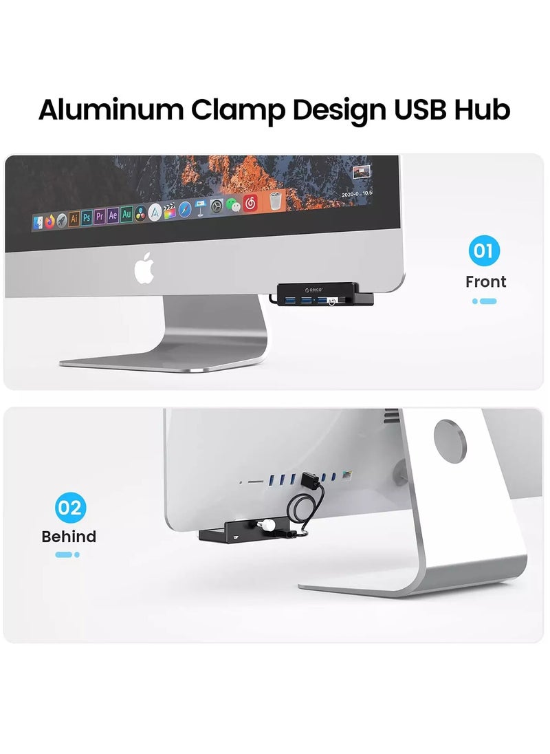 أوريكو - محور USB 3.0، محور USB 3.0 من الألومنيوم بأربعة منافذ مع منفذ إمداد طاقة إضافي وكابل بيانات USB بطول 1.5 متر، محور USB يعمل بسطح المكتب لأجهزة imac/الكمبيوتر المحمول/الكمبيوتر الشخصي (أسود) - Image 1